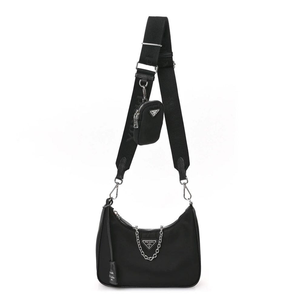 Prada Black Nylon Shoulder Bag with Chain Detail